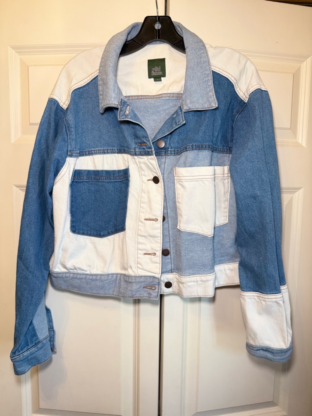 Colorblock Patchwork Cropped Denim Jacket in Blue and White from Wild Fable